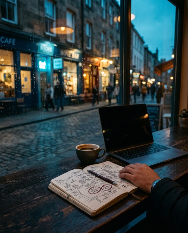 Caderno com um mapa desenhado das lojas de uma rua, ao lado de um notebook