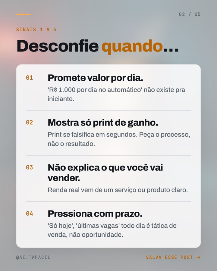 Post da @ai.tafacil sobre sinais de golpe em renda extra com IA