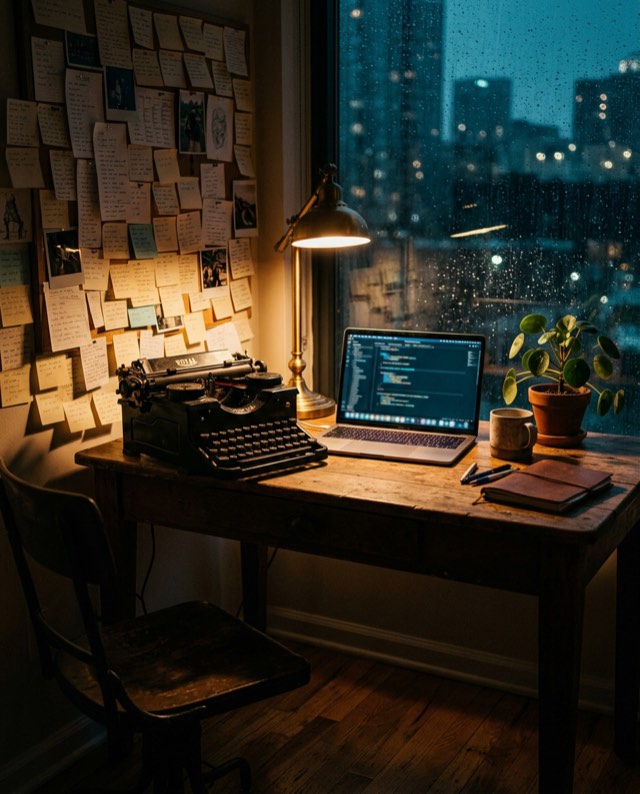 Escrivaninha à noite com uma máquina de escrever, um notebook e uma parede de post-its
